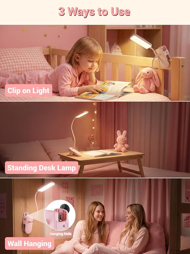 Pink Desk Lamp for Dorm Lamp, 9 Brightness+5 Color Clip on Light, Cute Lamp | - Image 7