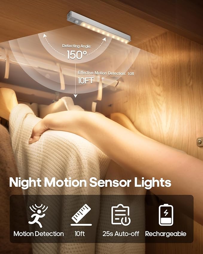 GOODEA Led Under Cabinet Lights Wireless, 7’’ Rechargeable Motion Sensor Light Indoor, Dimmable Closet Lights for Cabinets, Bookshelf, Stair, Hallway Warm White 3 pcs