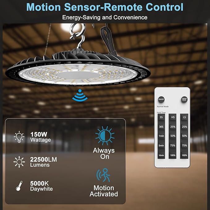Lightdot 150W Smart LED High Bay Light 22500lm UFO High Bay Shop Light, AC100-277V 5000K Daylight with Plug for 22-32FT Height Barn/Garage -6Pack