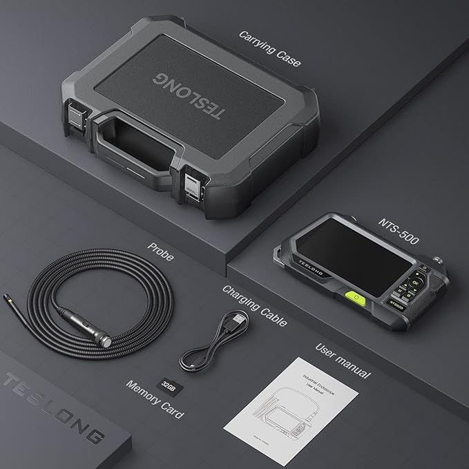 Dual Lens Endoscope with 5" Monitor, Teslong NTS500 Industrial Waterproof Borescope Inspection Camera with 0.21in Front & Side-View Double Lens with 9.8FT Probe, 5-Inch IPS LCD Screen & Case