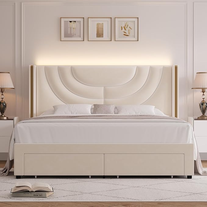 HITHOS Full Upholstered LED Bed Frame with 2 Storage Drawers, Velvet Platform Bed with Wingback Headboard, Solid Wooden Slats Support, No Box Spring Needed, Headboard Splicing Design, Beige