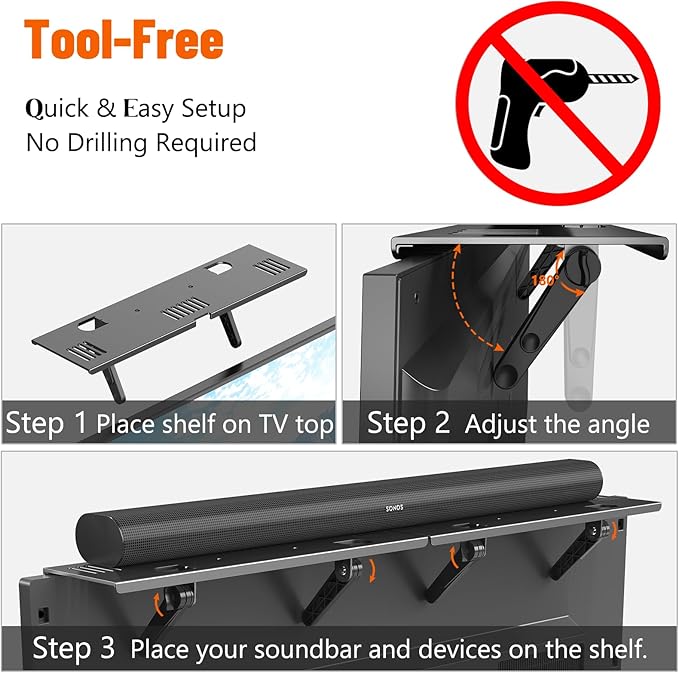 Soundbar Mount, No Drilling Steel TV Top Shelf Fits Most of Sound Bars Up to 15 Lbs, Universal Sound Bar TV Mount Bracket, Sound Bar Stand Compatible with Samsung, Sony, LG,Bose, 16.9x4.7inch