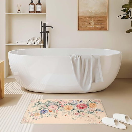 2x3 Floral Entryway Area Rug Beige Bathroom Rug Non Slip Machine Washable Low Pile Small Carpet Kitchen Bedroom Door Mat Entrance