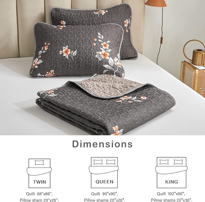 Flysheep 2 Pieces Quilt Set Twin Size, Dark Gray Floral Reversible Bedspread - Image 7
