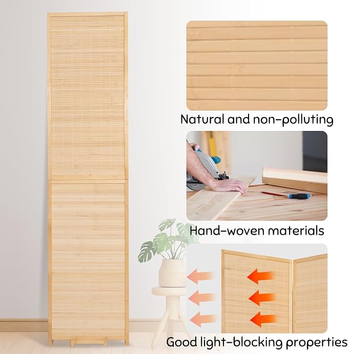 Bamboo Mesh Woven Room Divider 5.6FT, 6 Panel Folding Privacy Screen, Folding - Image 5