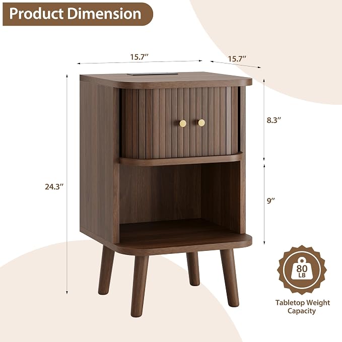 Decofy Fluted Nightstand Set of 2, Charging Station & Sliding Doors, Walnut | - Image 2