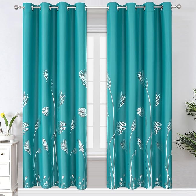 Teal Blackout Curtains for Bedroom, Room Darkening Silver Palm Tree Pattern by ESTELARTEXTILER