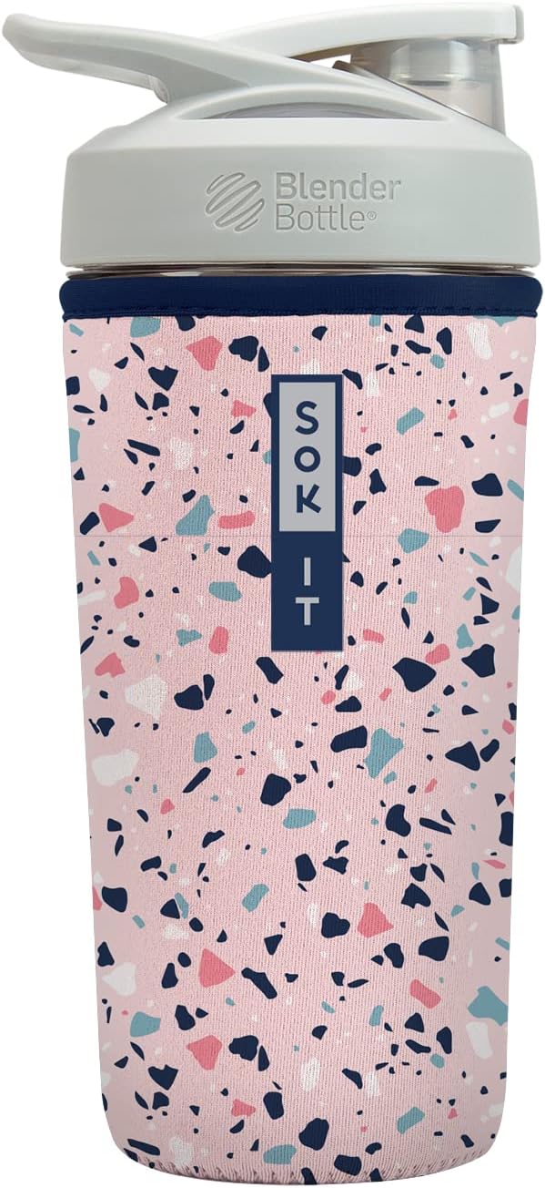 Sok It BotlSok Protein Blender Shaker Bottle Sleeve Insulated Neoprene Cover (Pink Terrazzo, Fits 28oz Blender)