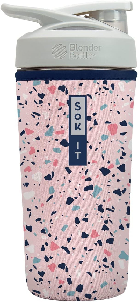 Sok It BotlSok Protein Blender Shaker Bottle Sleeve Insulated Neoprene Cover (Pink Terrazzo, Fits 28oz Blender)
