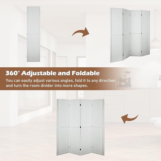 4 Panel Pegboard Room Divider | White Wood Folding Privacy Screen - Image 5