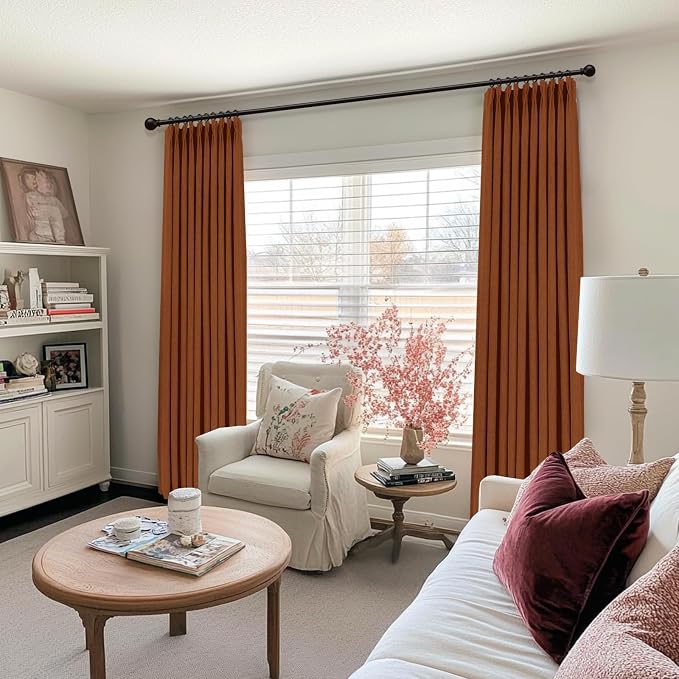 Pinch Pleated Full Blackout Faux Linen Curtains 90 Inches Long | Burnt Orange - Image 5