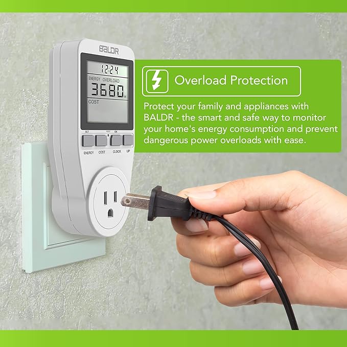 BALDR U.S. Electricity Usage Monitor for Home - Kilowatt Meter Sockets - Wattage Meter Plug In Appliances to Measure Energy Usage - Home Energy Monitor with Easy to Read Display - Home Power Monitor