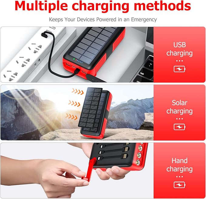 boogostore Solar Charger Power Bank 63200mAh, Portable Charger with Dual Outputs & Dual Inputs 4 LEDs Flashlight, Hand Crank Power Bank Fast Charging Battery Pack for Outdoor Camping Survival Gear