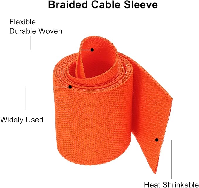 MECCANIXITY Braided Cable Sleeves Heat Shrinkable Fabric Sleeving, 1 3/8" 3ft Orange 2:1 Ratio Heat Shrinkable Cord Protector for Harness Cable, Network Cable Protection, Cable Management