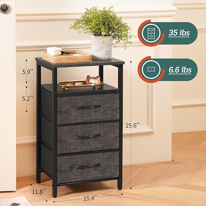 Yoobure Night Stand with Charging Station, 3 Fabric Drawers Nightstand - Image 3