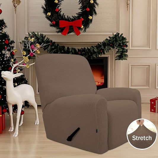 Easy-Going Recliner Stretch Sofa Slipcover Sofa Cover 4-Pieces Furniture Protector Couch Soft with Elastic Bottom, Spandex Jacquard Fabric Small Checks(Recliner,Brown)