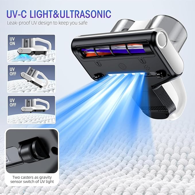 JPHYLL Mattress Vacuum Bed Vacuum Cleaner 16Kpa Suction 253.7nm UV-C Light, 140°F Heated Air, 30000 RPM Brushroll, Ultrasonic, HEPA Filter, Handheld Vacuums for Carpet/Sofa, 500W Corded, (White)