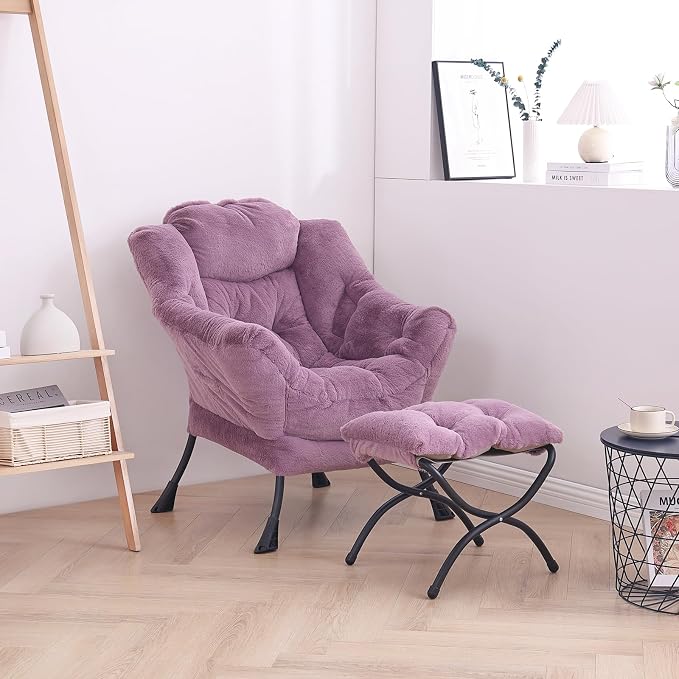 Lazy Chair with Ottoman, Comfy Accent Reading Chair, Plush Purple | Foldable - Image 5