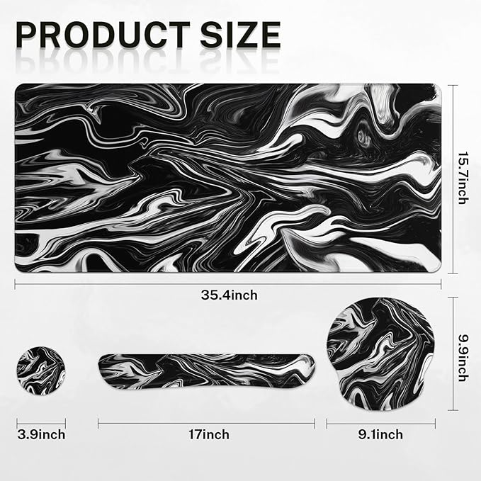 Britimes Black White Marble Keyboard Mouse Pad Set 4in1 Large Mousepad+Keyboard Wrist Rest+Mouse Wrist Rest+Coaster Ergonomic Design for Home Office Computer 35.4x15.7 inches