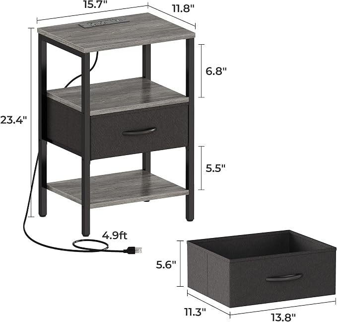 SUPERJARE Nightstand with Charging Station, Bed Side Table with Adjustable - Image 3