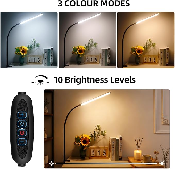 Clip on Desk Lamp with Clamp, Dimmable Eye Caring Book Reading Light - Image 3