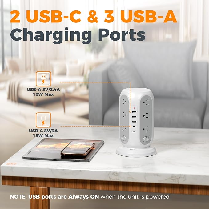 TESSAN Tower Power Strip Surge Protector, Flat Extension Cord 6 Ft, 5 USB Ports - Image 5
