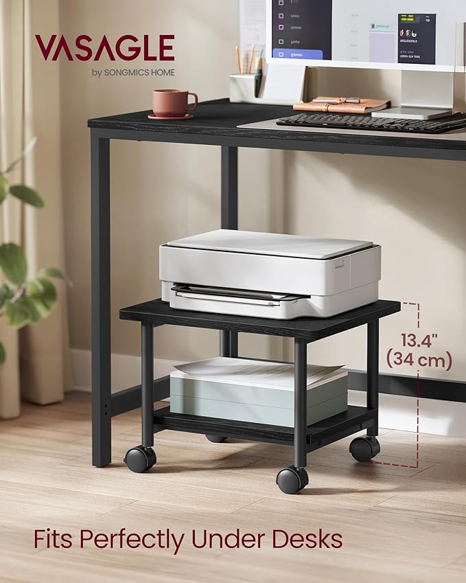 VASAGLE Heavy-Duty Printer Stand with Locking Wheels, 2-Tier Industrial Mobile Cart with Storage Shelf, Under Desk Printer Table for Home, Office, 13.4" Height, Ebony Black UOPS02B