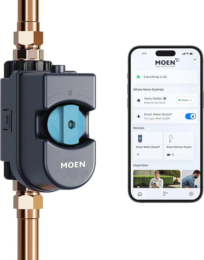 Moen Flo Smart Water Monitor and Automatic Shutoff Sensor, Wi-Fi Connected Water Leak Detector for 1-Inch Diameter Pipe, 900-006