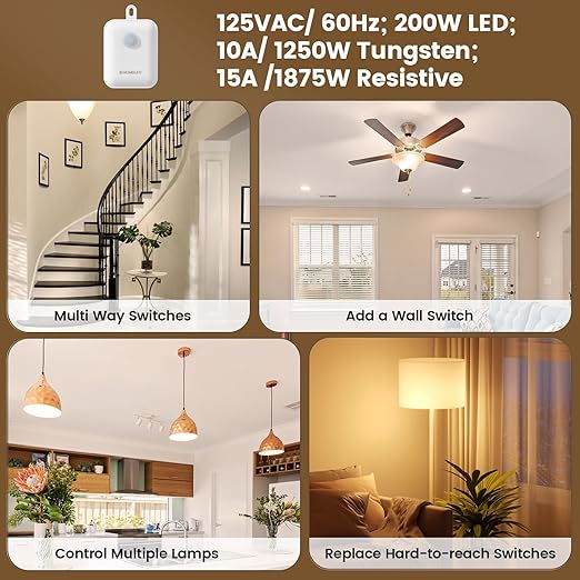 SURAIELEC Wireless Light Switch & Receiver Kit, 15A RF Remote Control Wall Switch, 100ft Range, Push-in Terminal Wiring, Expandable, Ultra-Thin Mini Size, Quick Installation (Neutral Wire Required)