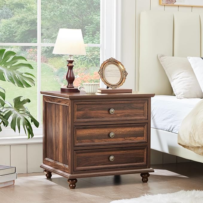 24" Wide Farmhouse Night Stand,Large End Table with 3 Drawers & Metal Handle,Wood Dresser for Bedroom Cabinet, Bed Side Table Chest of Drawers,Brown Nightstand for Living Room,Close