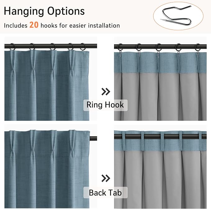 Pinch Pleated Full Blackout Faux Linen Curtains 90 Inches Long | Stone Blue - Image 3