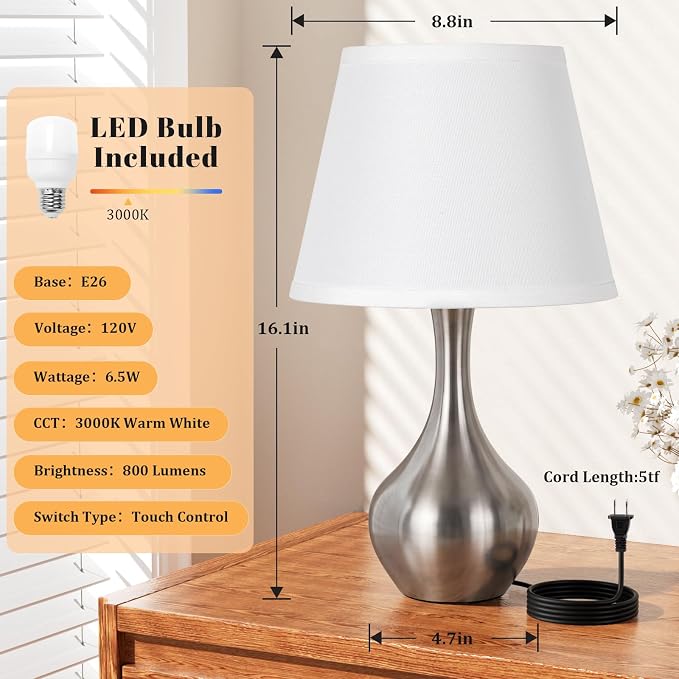 16.1" Touch Table Lamp for Nightstand, 3 Way Dimmable Small Bedroom Lamp | - Image 7
