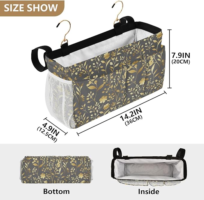 Gold Floral Gray Bedside Caddies Bedside Caddy Storage Bag - Image 4