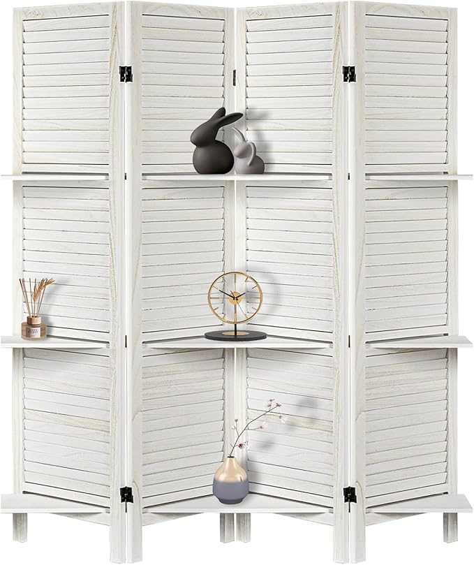 Room Divider with Shelves, 4 Panel White Privacy Screen | Partition Room by AMBITION+LAND