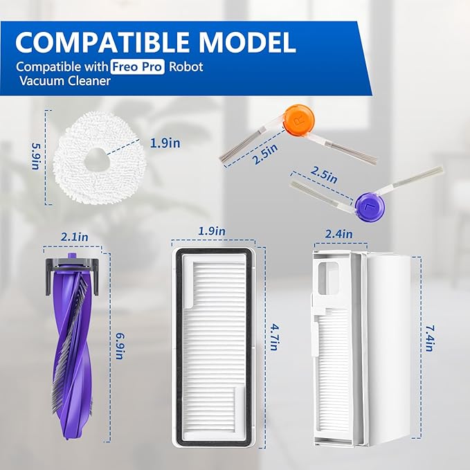 20 Pcs Replacement Vacuum Accessories kit Compatible with Narwal Freo Pro Robot Vacuum Cleaner, 2 Main Roller Brush, 2 Dust Bags, 4 HEPA Filters, 6 Mop Pads, 6 Side Brush 1 Clean Brush