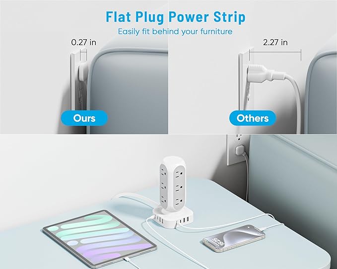 Flat Plug Power Strip Tower 15FT, 40W Total Fast Charging Station, Dual PD 20W USB-C Surge Protector with 12 AC Outlets and 8 USB Ports (4 USB C), Long Extension Cord for Home Office Dorm Room