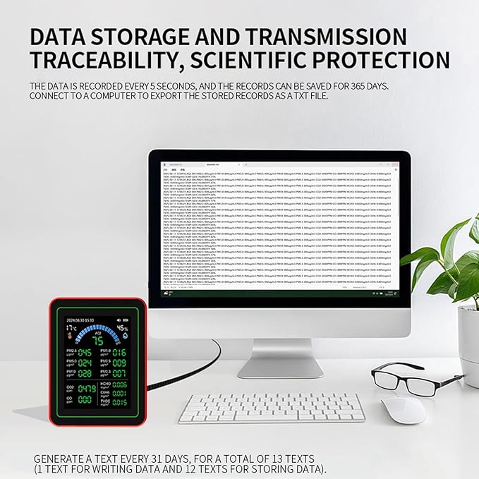 Air Quality Meter 18 in 1 Portable Battery Powered Indoor Air Quality Monitor with CO2 TVOC HCHO PM2.5 PM10 Temp Humidity Detection Data Storage for Home Office School