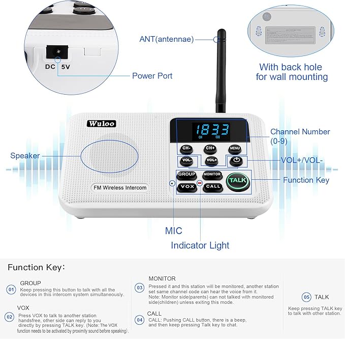 Wuloo Intercoms Wireless for Home 1 Mile Range 22 Channel 100 Digital Code Display Screen, Wireless Intercom System for Home House Business Office, Room to Room Intercom Communication(4Stations White)