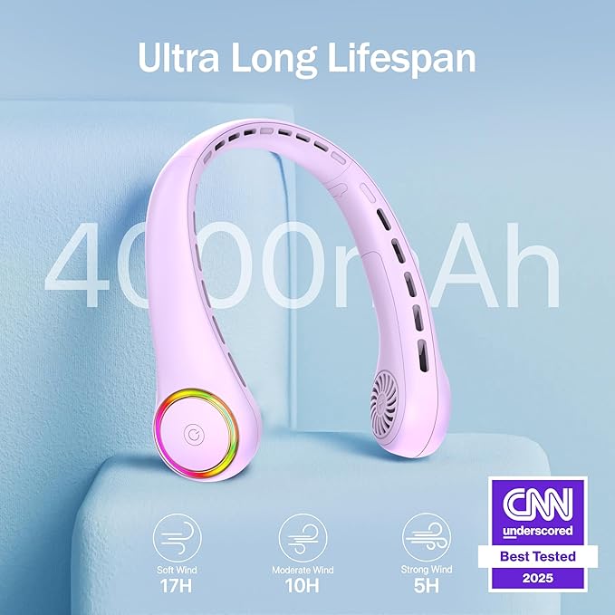 GULAKI Portable Neck Fan, Personal Fan with 4000mAh Battery, Rechargeable Neck Fan with 3 Speeds and 64 Cool Lights, Birthday Gifts for Men Women Mom Dad, Hands Free Cooling fan for Summer(Purple)