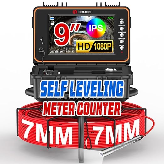 HBUDS Sewer Camera, Self Leveling Drain Camera 200ft with Meter Counter, 7mm Thick Cable, 9" HD Screen 1080P Plumbing Cameras Snake with Light, 5100mAh Battery Duct Pipe Video Inspection Cam DVR 32GB