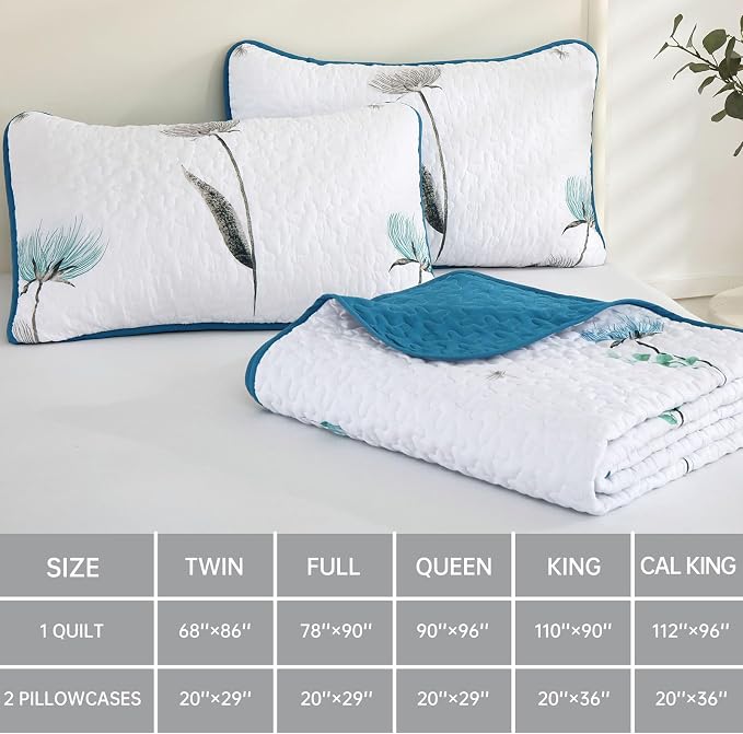 Dinjoy Quilt Set Full Size, Teal Blue Floral Bedspread - Image 6