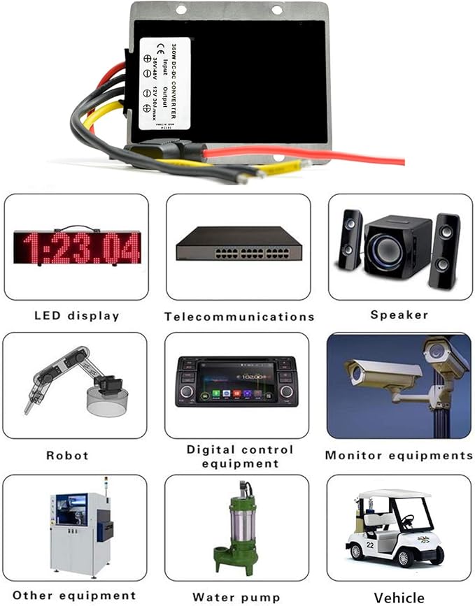 QJFCare Waterproof DC Buck Converter Voltage Regulator 36V 48V Step Down to 12V 30A 360W Adjustable Power Converter Transformer for Golf Cart, Car,Vehicle