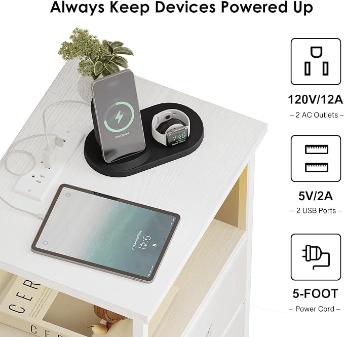 Fixwal Night Stand with Charging Station, 2 Drawers | fabric drawer, built-in - Image 5