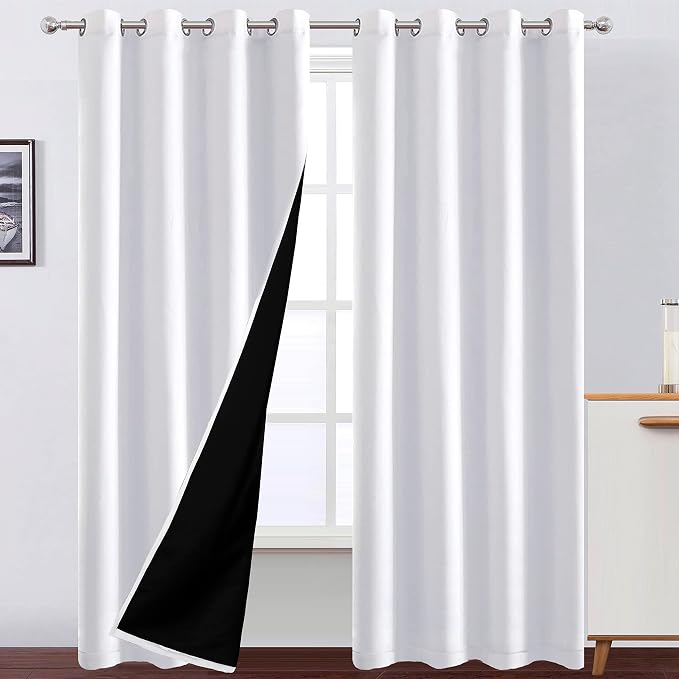 100% Blackout Curtains 52 x 84 Inches Long Thermal Insulated White Curtains by Lemomo