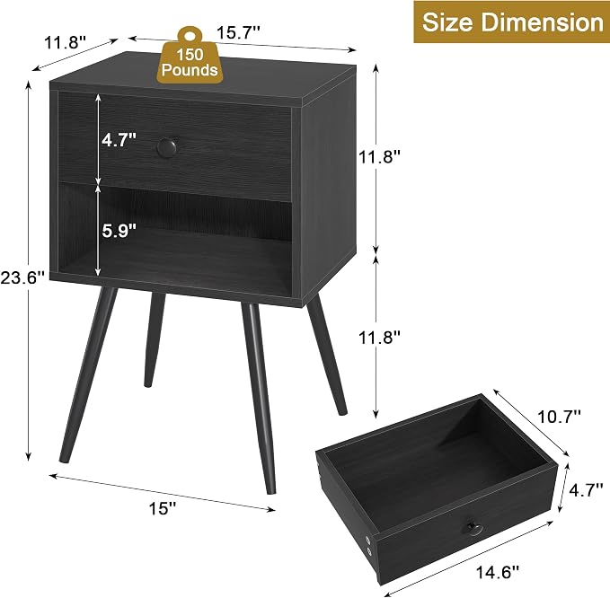 VECELO Nightstands Set of 2, Mid Century Modern End Bedside Table, Night Stand - Image 2