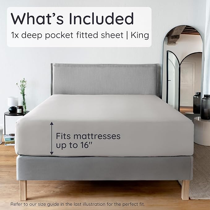 Bambaw 100% Viscose Derived from Bamboo Fitted Sheet King Size, Cooling Fitted Sheets King Size, Gray Fitted Sheet Only, 16’’ Pocket Fitted King Sheet Only, Cooling Mattress Sheets (Moonlight Gray)