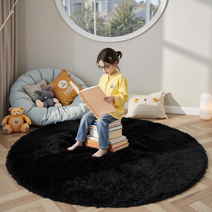 Black Round Shag Area Rug for Bedroom, Washable Fuzzy Carpet for Room Boys - Image 3