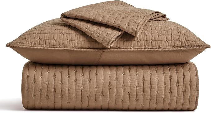 100% Cotton Cross Stitch 3-Piece Quilt Set, Camel Brown | 100% Cotton, Elegant - Image 7