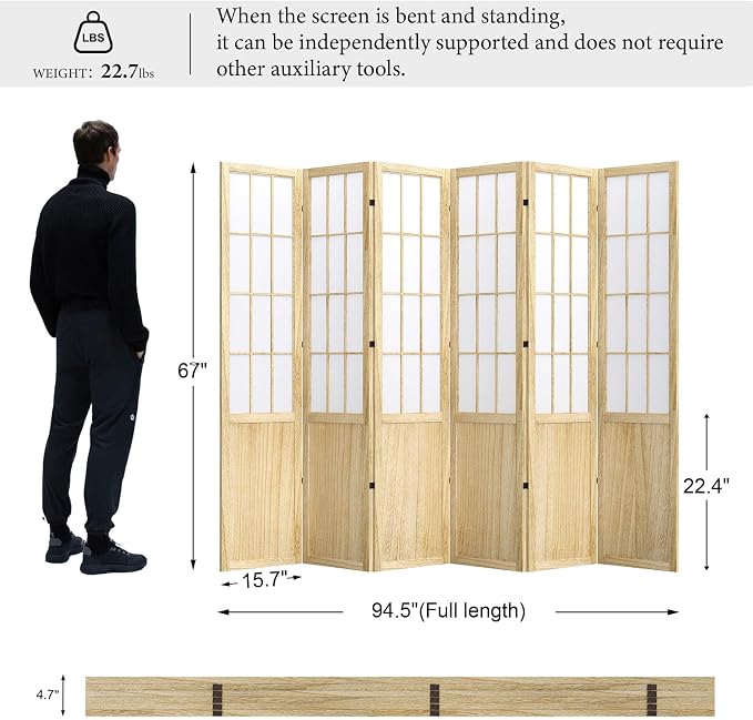 Room Divider, 66.9Inch Tall Japanese Shoji Style Folding Wood Screen - Image 5