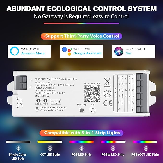 XXK WB5 WiFi PWM 12V/24V LED Controller with RC03RFB RF Remote Control 4-Zone Group, RGB RGBW RGBCCT Strip Lights Controller Kit Compatible with Alexa Google Home Smart Life Tuya APP Control